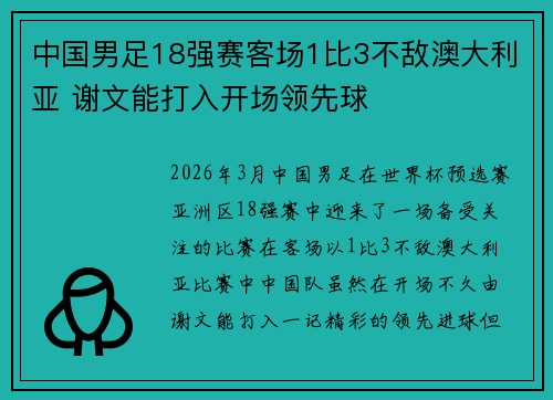 中国男足18强赛客场1比3不敌澳大利亚 谢文能打入开场领先球