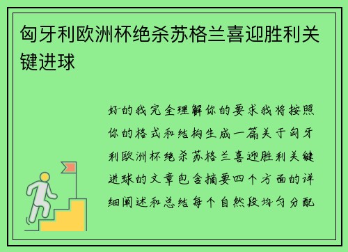 匈牙利欧洲杯绝杀苏格兰喜迎胜利关键进球